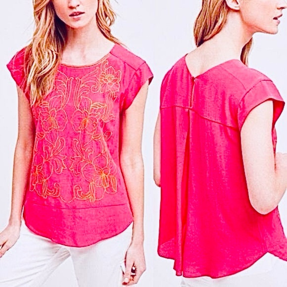 Anthropologie Pink Floral Embroidered Cap-Sleeve Blouse